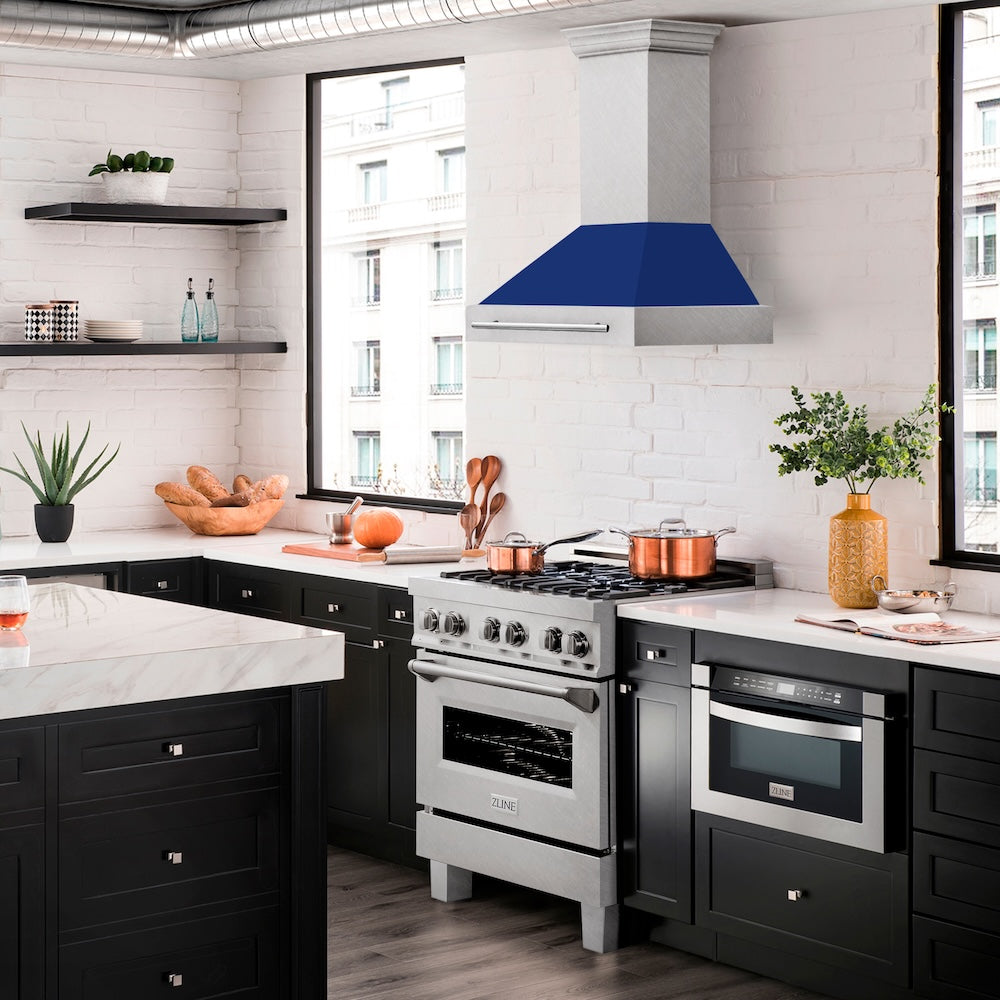 ZLINE 30 in. Satin Stainless Steel Wall Mount Range Hood with Blue Gloss Shell and Stainless Steel Handle (8654SNX-BG30)