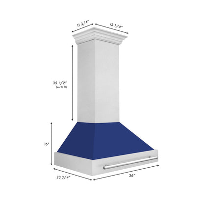 ZLINE 36 in. Satin Stainless Steel Wall Mount Range Hood with Blue Gloss Shell and Stainless Steel Handle (8654SNX-BG36)