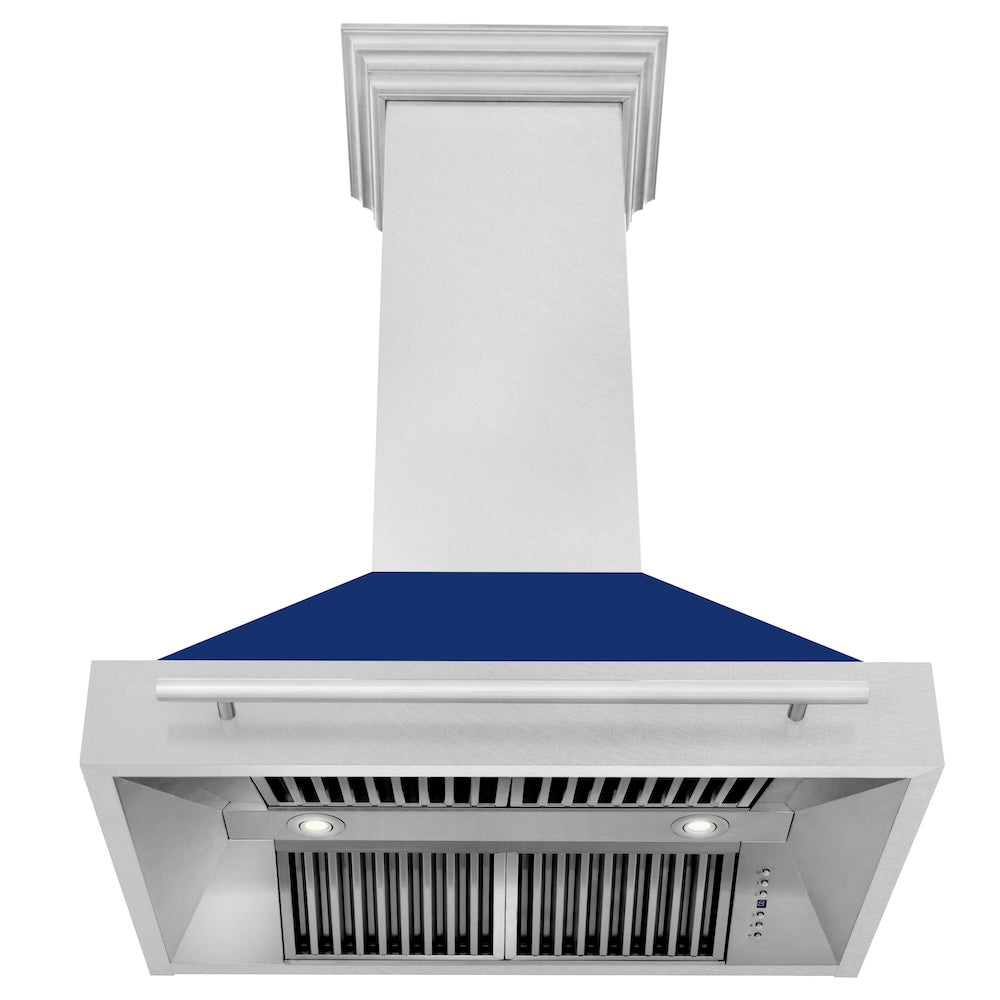 ZLINE 36 in. Satin Stainless Steel Wall Mount Range Hood with Blue Gloss Shell and Stainless Steel Handle (8654SNX-BG36)