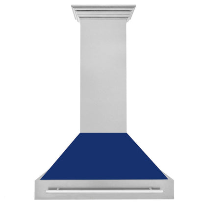 ZLINE 36 in. Satin Stainless Steel Wall Mount Range Hood with Blue Gloss Shell and Stainless Steel Handle (8654SNX-BG36)