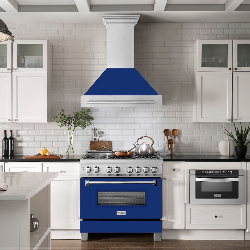 ZLINE 36 in. Satin Stainless Steel Wall Mount Range Hood with Blue Gloss Shell and Stainless Steel Handle (8654SNX-BG36)
