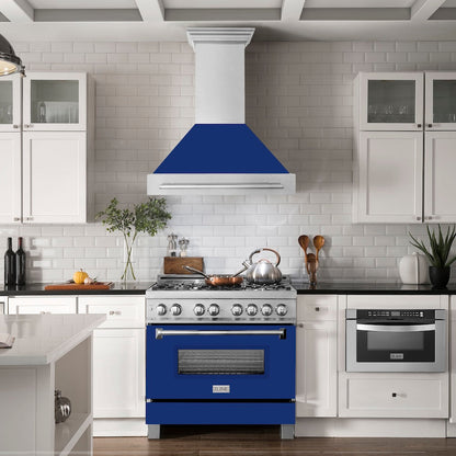 ZLINE 36 in. Satin Stainless Steel Wall Mount Range Hood with Blue Gloss Shell and Stainless Steel Handle (8654SNX-BG36)