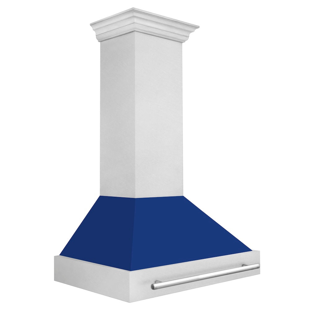 ZLINE 36 in. Satin Stainless Steel Wall Mount Range Hood with Blue Gloss Shell and Stainless Steel Handle (8654SNX-BG36)