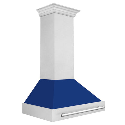 ZLINE 36 in. Satin Stainless Steel Wall Mount Range Hood with Blue Gloss Shell and Stainless Steel Handle (8654SNX-BG36)
