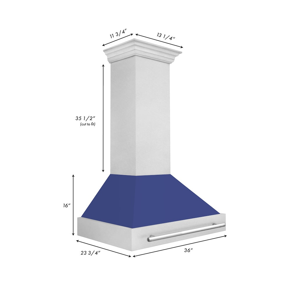 ZLINE 36 in. Satin Stainless Steel Wall Mount Range Hood with Blue Matte Shell and Stainless Steel Handle (8654SNX-BM-36)