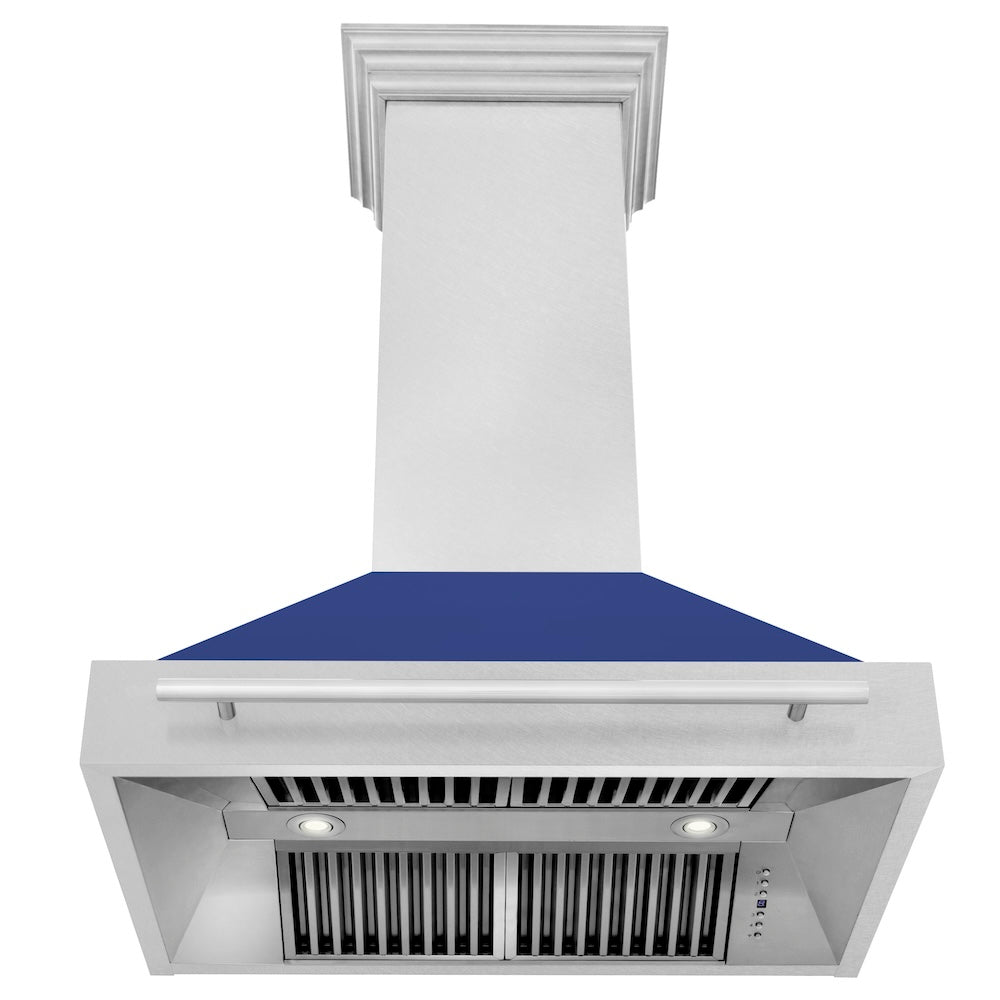 ZLINE 36 in. Satin Stainless Steel Wall Mount Range Hood with Blue Matte Shell and Stainless Steel Handle (8654SNX-BM-36)