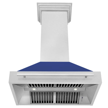 ZLINE 36 in. Satin Stainless Steel Wall Mount Range Hood with Blue Matte Shell and Stainless Steel Handle (8654SNX-BM-36)