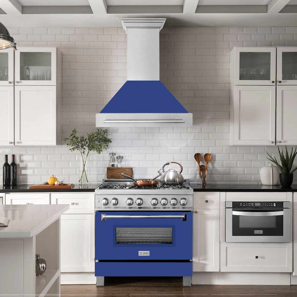 ZLINE 36 in. Satin Stainless Steel Wall Mount Range Hood with Blue Matte Shell and Stainless Steel Handle (8654SNX-BM-36)
