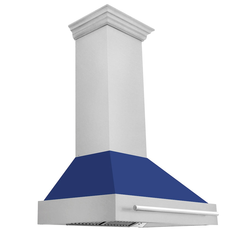 ZLINE 36 in. Satin Stainless Steel Wall Mount Range Hood with Blue Matte Shell and Stainless Steel Handle (8654SNX-BM-36)