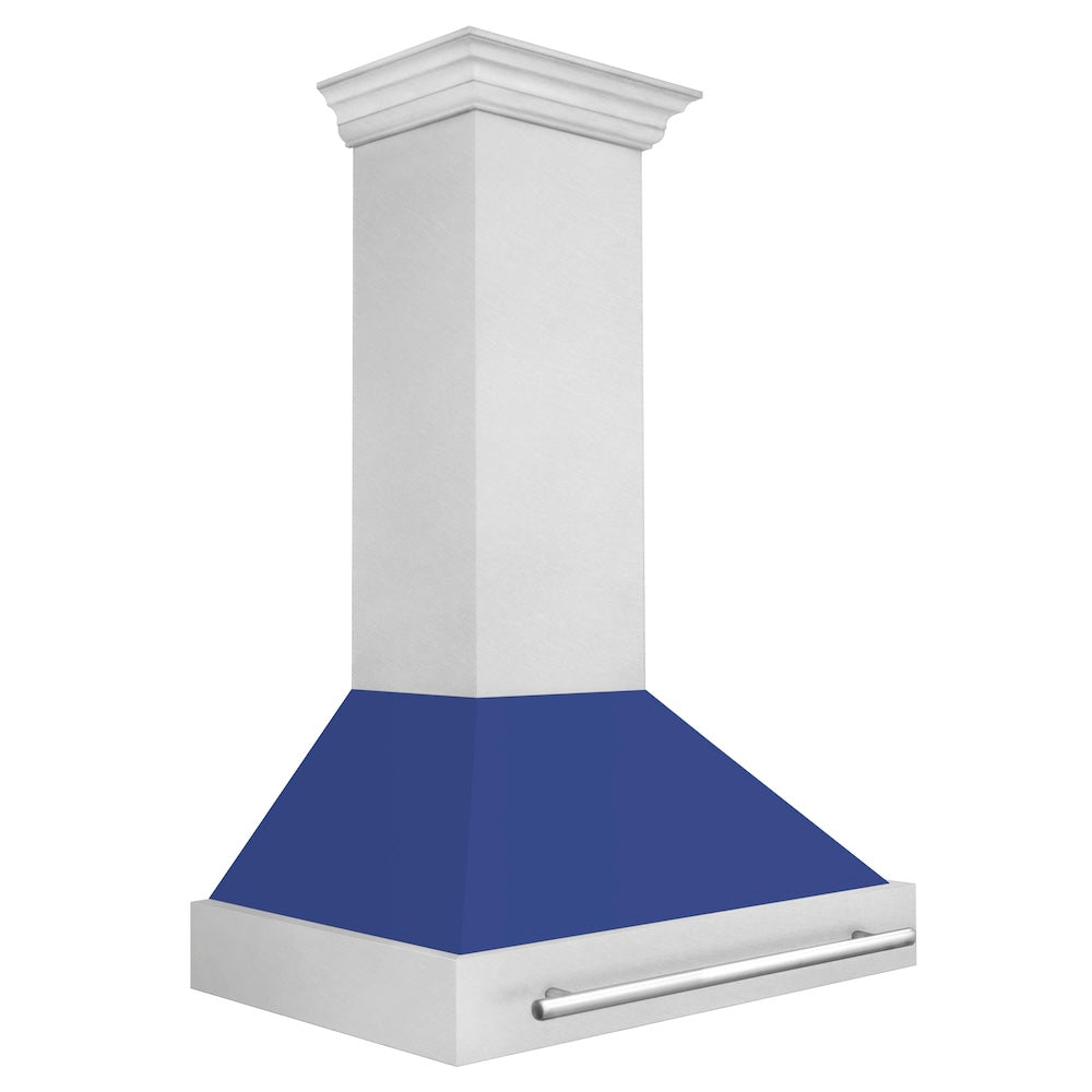 ZLINE 36 in. Satin Stainless Steel Wall Mount Range Hood with Blue Matte Shell and Stainless Steel Handle (8654SNX-BM-36)