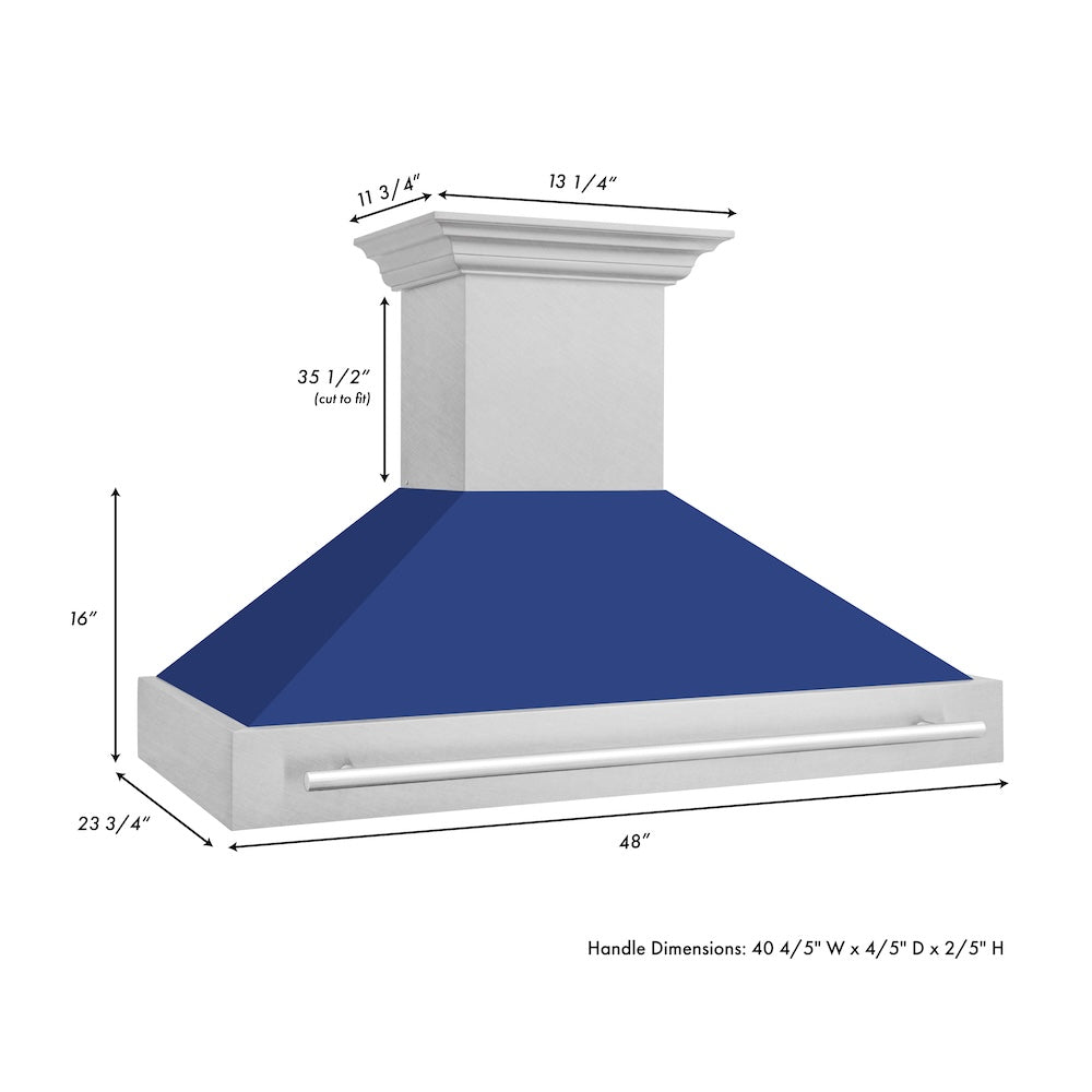 ZLINE 48 in. Satin Stainless Steel Wall Mount Range Hood with Blue Matte Shell and Stainless Steel Handle (8654SNX-BM-48)