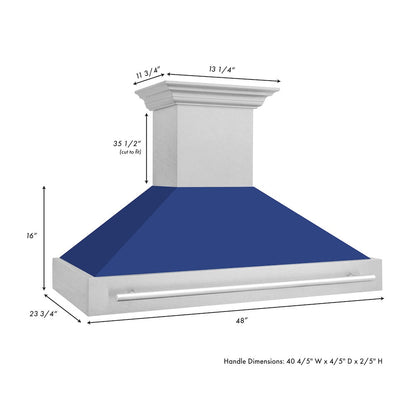 ZLINE 48 in. Satin Stainless Steel Wall Mount Range Hood with Blue Matte Shell and Stainless Steel Handle (8654SNX-BM-48)