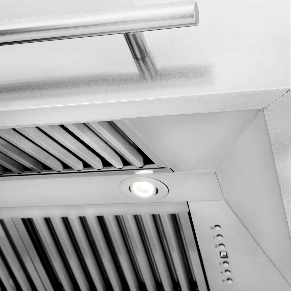 ZLINE 48 in. Satin Stainless Steel Wall Mount Range Hood with Blue Matte Shell and Stainless Steel Handle (8654SNX-BM-48)