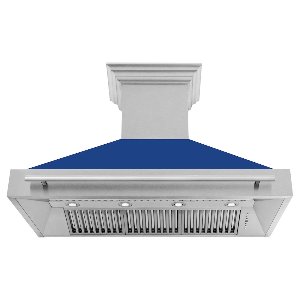 ZLINE 48 in. Satin Stainless Steel Wall Mount Range Hood with Blue Matte Shell and Stainless Steel Handle (8654SNX-BM-48)