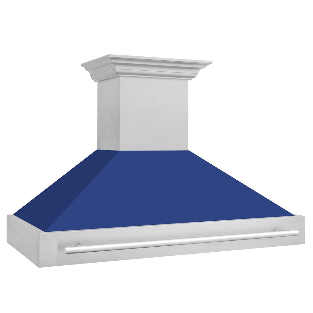 ZLINE 48 in. Satin Stainless Steel Wall Mount Range Hood with Blue Matte Shell and Stainless Steel Handle (8654SNX-BM-48)