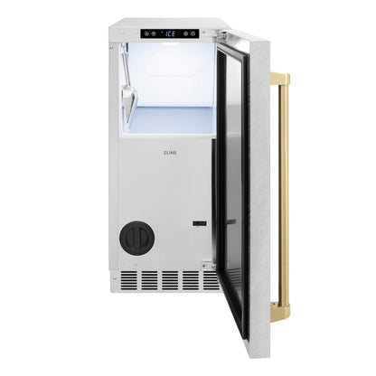 ZLINE Autograph Edition 15 in. Touchstone Clear Cube Ice Maker with Drain Pump and Satin Stainless Steel Door with Champagne Bronze Handle (ICCDZ-SN-15-CB)