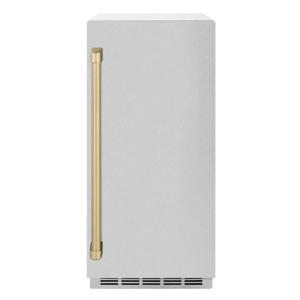 ZLINE Autograph Edition 15 in. Touchstone Clear Cube Ice Maker with Drain Pump and Satin Stainless Steel Door with Champagne Bronze Handle (ICCDZ-SN-15-CB)