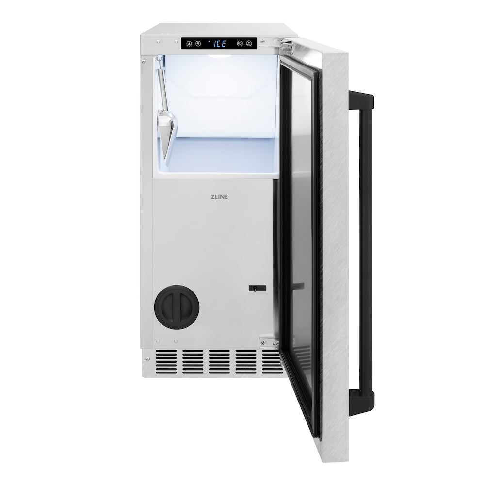 ZLINE Autograph Edition 15 in. Touchstone Clear Cube Ice Maker with Drain Pump and Black Matte Door with Champagne Bronze Handle (ICCDZ-BLM-15-CB)