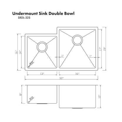 ZLINE 32 in. Jackson Undermount Double Bowl Satin Stainless Steel Kitchen Sink with Bottom Grid (SRDL-32S)