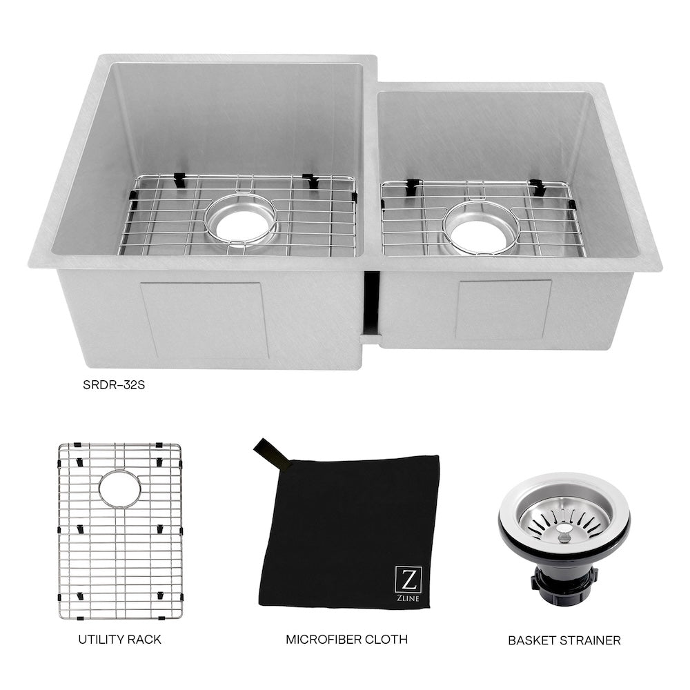 ZLINE 32 in. Jackson Undermount Double Bowl Satin Stainless Steel Kitchen Sink with Bottom Grid (SRDR-32S)