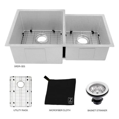 ZLINE 32 in. Jackson Undermount Double Bowl Satin Stainless Steel Kitchen Sink with Bottom Grid (SRDR-32S)