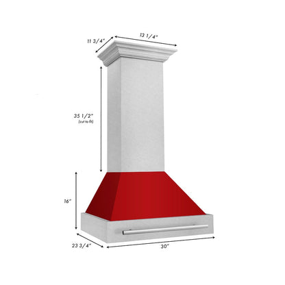 ZLINE 30 in. Satin Stainless Steel Wall Mount Range Hood with Red Gloss Shell and Stainless Steel Handle (8654SNX-RG-30)