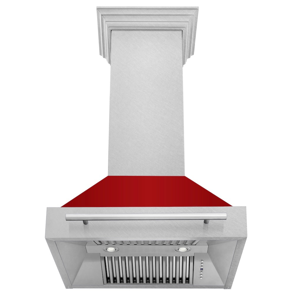 ZLINE 30 in. Satin Stainless Steel Wall Mount Range Hood with Red Gloss Shell and Stainless Steel Handle (8654SNX-RG-30)