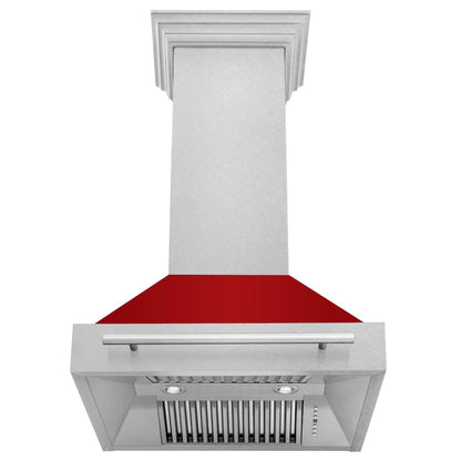ZLINE 30 in. Satin Stainless Steel Wall Mount Range Hood with Red Gloss Shell and Stainless Steel Handle (8654SNX-RG-30)
