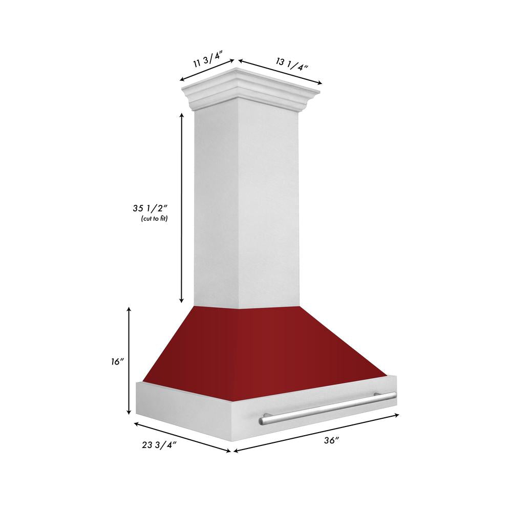 ZLINE 36 in. Satin Stainless Steel Wall Mount Range Hood with Red Gloss Shell and Stainless Steel Handle (8654SNX-RG-36)