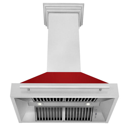 ZLINE 36 in. Satin Stainless Steel Wall Mount Range Hood with Red Gloss Shell and Stainless Steel Handle (8654SNX-RG-36)