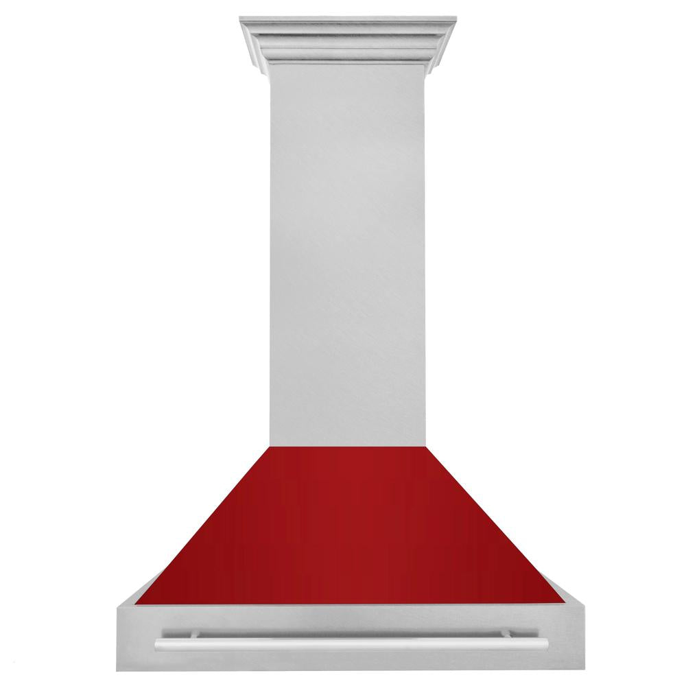 ZLINE 36 in. Satin Stainless Steel Wall Mount Range Hood with Red Gloss Shell and Stainless Steel Handle (8654SNX-RG-36)