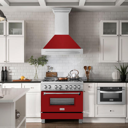 ZLINE 36 in. Satin Stainless Steel Wall Mount Range Hood with Red Gloss Shell and Stainless Steel Handle (8654SNX-RG-36)