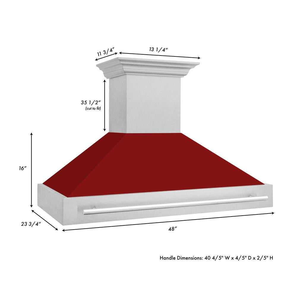 ZLINE 48 in. Satin Stainless Steel Wall Mount Range Hood with Red Gloss Shell and Stainless Steel Handle (8654SNX-RG-48)
