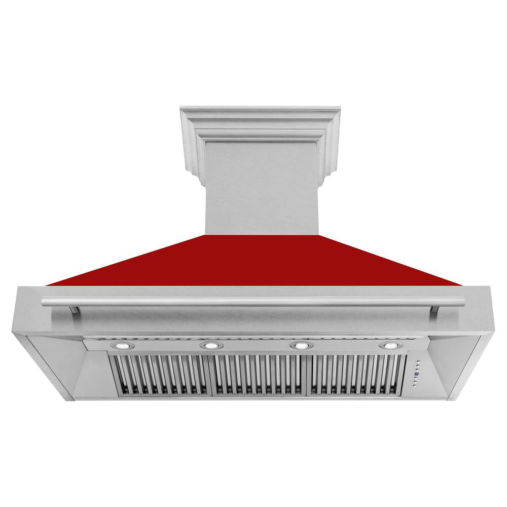 ZLINE 48 in. Satin Stainless Steel Wall Mount Range Hood with Red Gloss Shell and Stainless Steel Handle (8654SNX-RG-48)