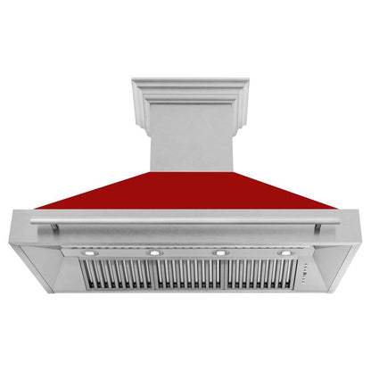 ZLINE 48 in. Satin Stainless Steel Wall Mount Range Hood with Red Gloss Shell and Stainless Steel Handle (8654SNX-RG-48)