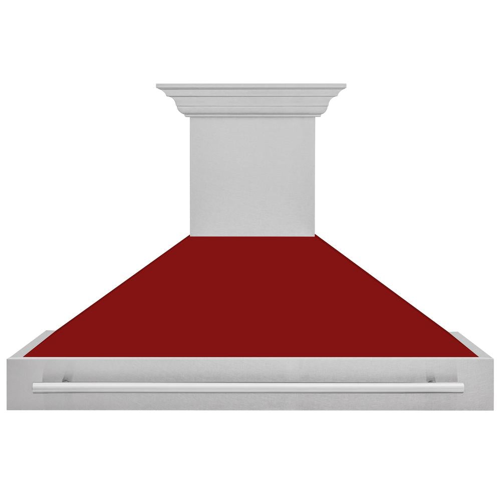 ZLINE 48 in. Satin Stainless Steel Wall Mount Range Hood with Red Gloss Shell and Stainless Steel Handle (8654SNX-RG-48)