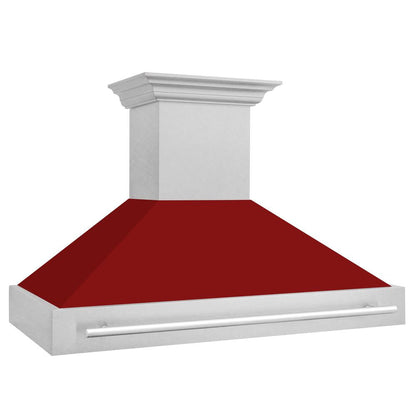 ZLINE 48 in. Satin Stainless Steel Wall Mount Range Hood with Red Gloss Shell and Stainless Steel Handle (8654SNX-RG-48)