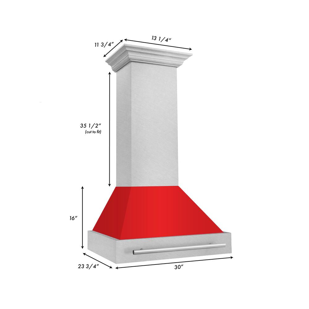 ZLINE 30 in. Satin Stainless Steel Wall Mount Range Hood with Red Matte Shell and Stainless Steel Handle (8654SNX-RM-30)