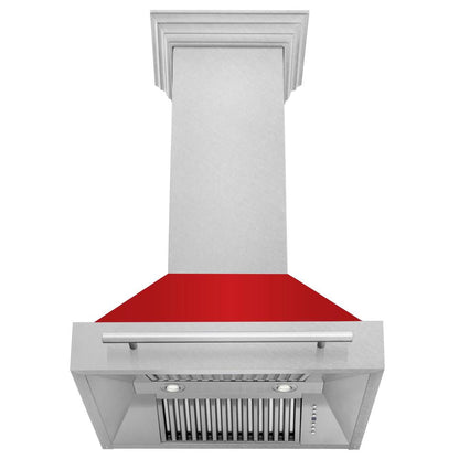 ZLINE 30 in. Satin Stainless Steel Wall Mount Range Hood with Red Matte Shell and Stainless Steel Handle (8654SNX-RM-30)