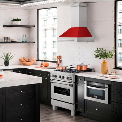 ZLINE 30 in. Satin Stainless Steel Wall Mount Range Hood with Red Matte Shell and Stainless Steel Handle (8654SNX-RM-30)