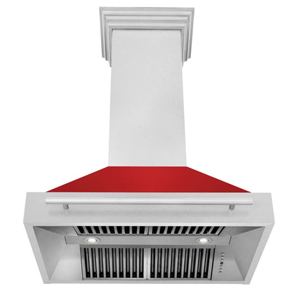 ZLINE 36 in. Satin Stainless Steel Wall Mount Range Hood with Red Matte Shell and Stainless Steel Handle (8654SNX-RM-36)