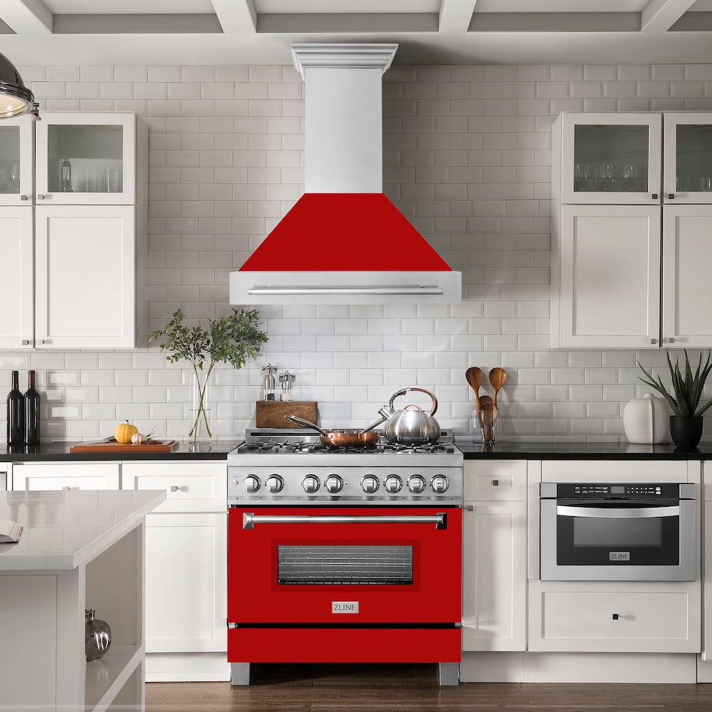 ZLINE 36 in. Satin Stainless Steel Wall Mount Range Hood with Red Matte Shell and Stainless Steel Handle (8654SNX-RM-36)