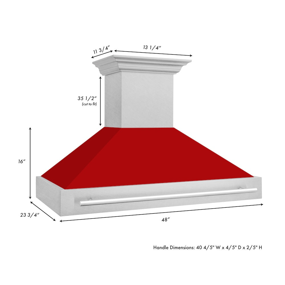ZLINE 48 in. Satin Stainless Steel Wall Mount Range Hood with Red Matte Shell and Stainless Steel Handle (8654SNX-RM-48)