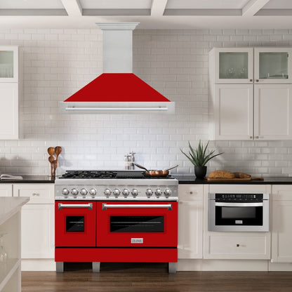 ZLINE 48 in. Satin Stainless Steel Wall Mount Range Hood with Red Matte Shell and Stainless Steel Handle (8654SNX-RM-48)