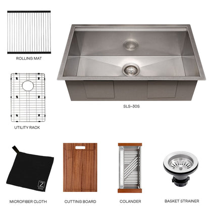 ZLINE 30 in. Garmisch Undermount Single Bowl Satin Stainless Steel Kitchen Sink with Bottom Grid and Accessories (SLS-30S)