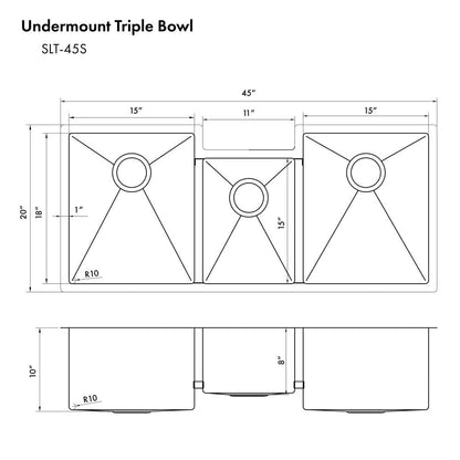 ZLINE 45 in. Breckenridge Undermount Triple Bowl Satin Stainless Steel Kitchen Sink with Bottom Grid (SLT-45S)