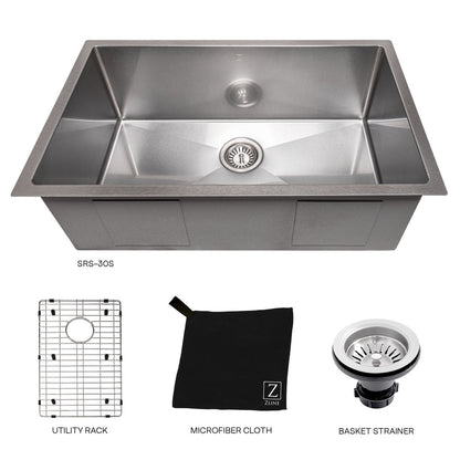 ZLINE 30 in. Meribel Undermount Single Bowl Satin Stainless Steel Kitchen Sink with Bottom Grid (SRS-30S)