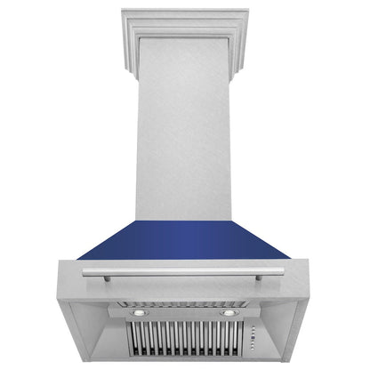 ZLINE 30 in. Satin Stainless Steel Wall Mount Range Hood with Blue Matte Shell and Stainless Steel Handle (8654SNX-BM-30)