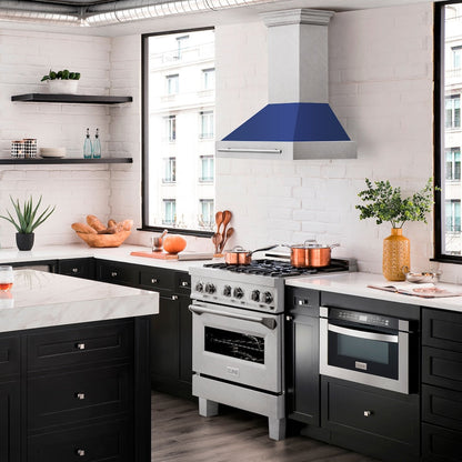 ZLINE 30 in. Satin Stainless Steel Wall Mount Range Hood with Blue Matte Shell and Stainless Steel Handle (8654SNX-BM-30)