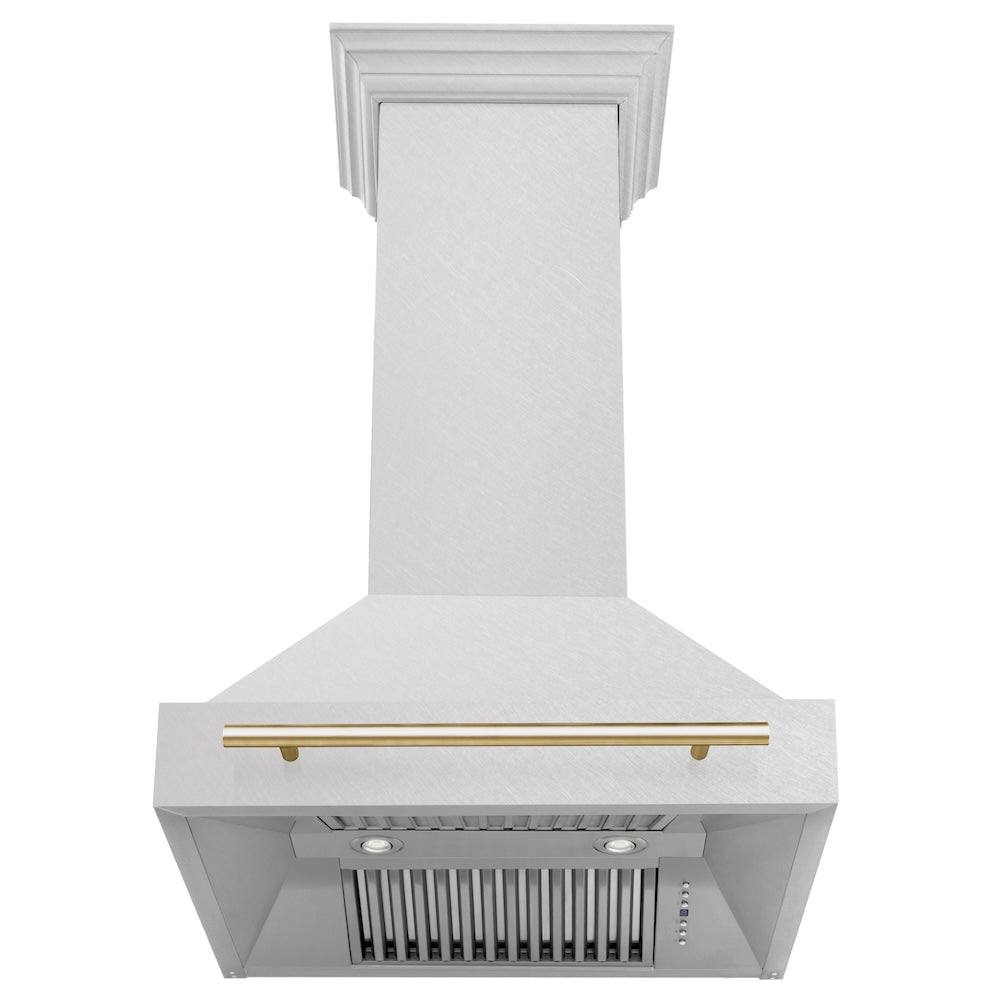 ZLINE Autograph Edition 30 in. Satin Stainless Steel Wall Mount Range Hood with Polished Gold Handle (8654SNZ-30-G)